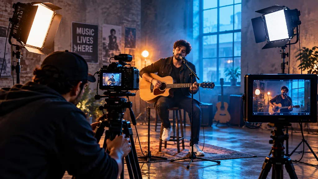 Low-budget music video camera and lighting setup with singer performing