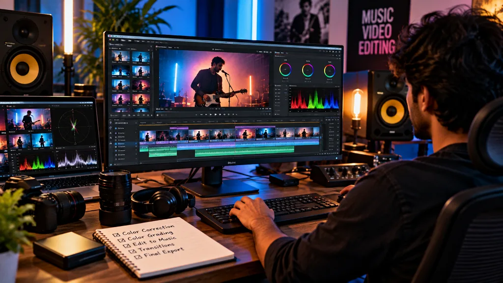 Video editor working on music video editing and color grading