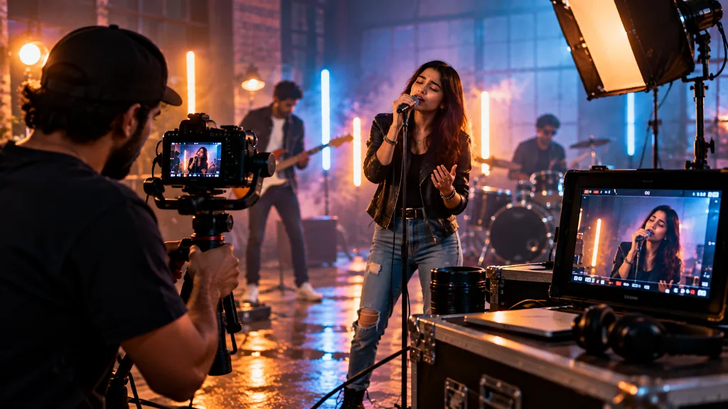 Camera operator filming a singer during a professional music video shoot