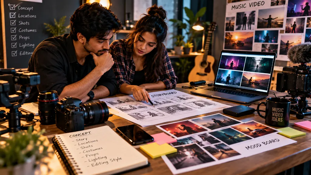 Music video pre-production planning with storyboard and camera equipment